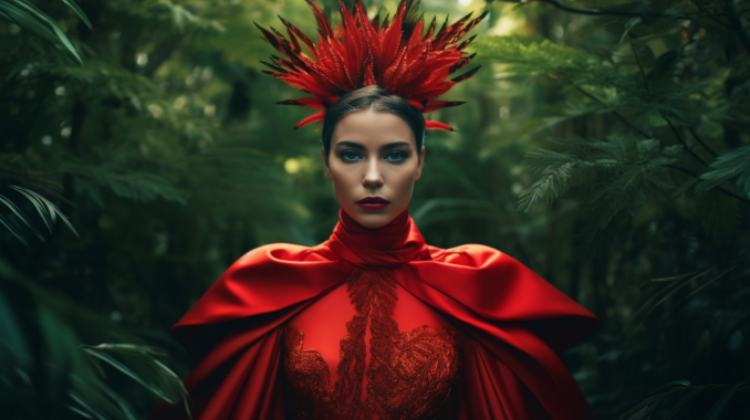 Red model in green jungle